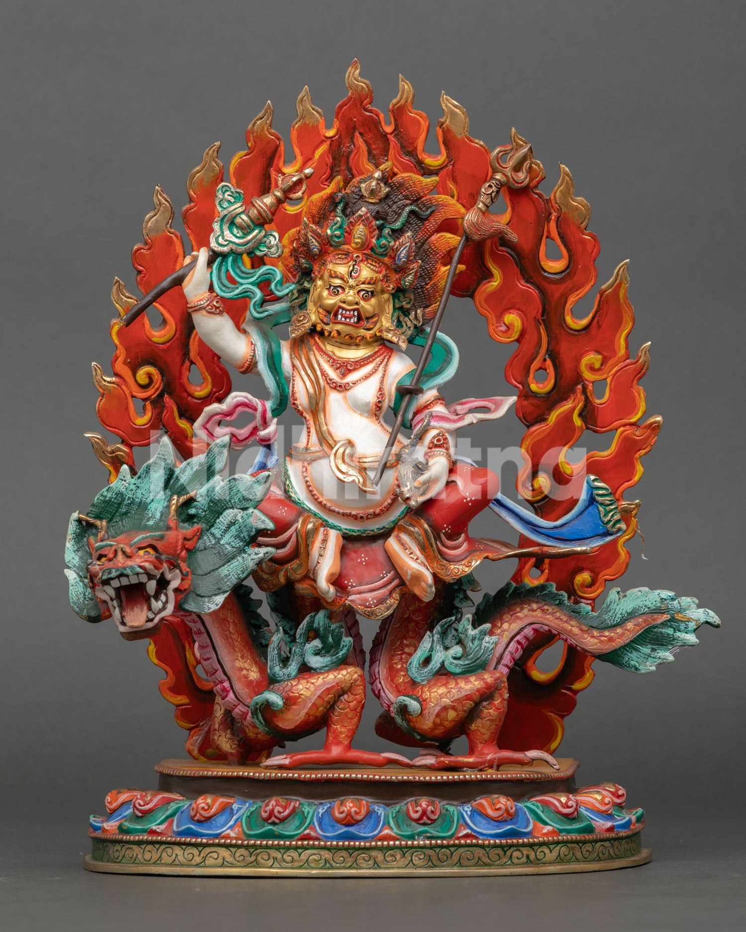 White Dzambhala statue, handcrafted in Nepal using lost-wax casting with copper body and gold-painted face