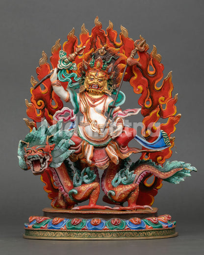 White Dzambhala statue, handcrafted in Nepal using lost-wax casting with copper body and gold-painted face