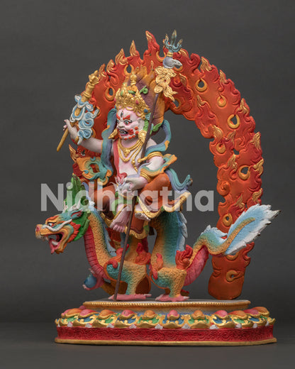 White Dzambhala Statue Jewel Spitting Mongoose Wealth Deity Sculpture.