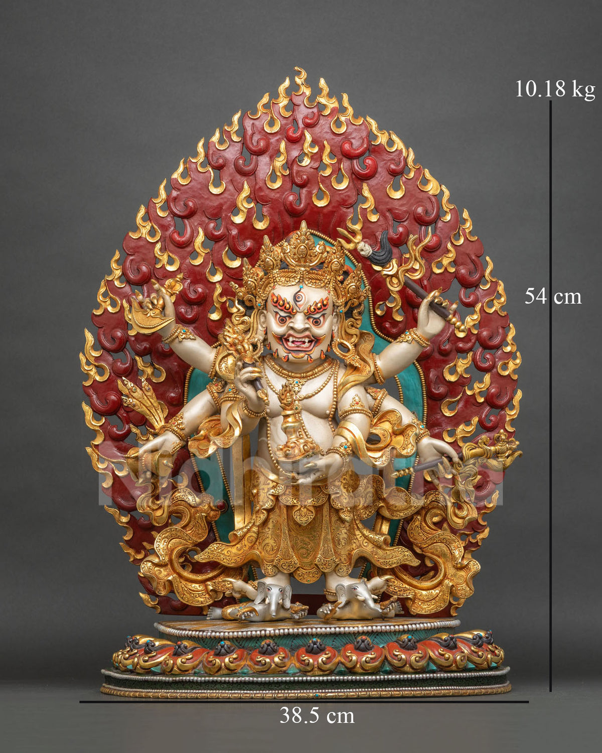 White Mahakala (Gonpo Karpo) statue, 54 cm tall, handcrafted in solid copper with gold gilding