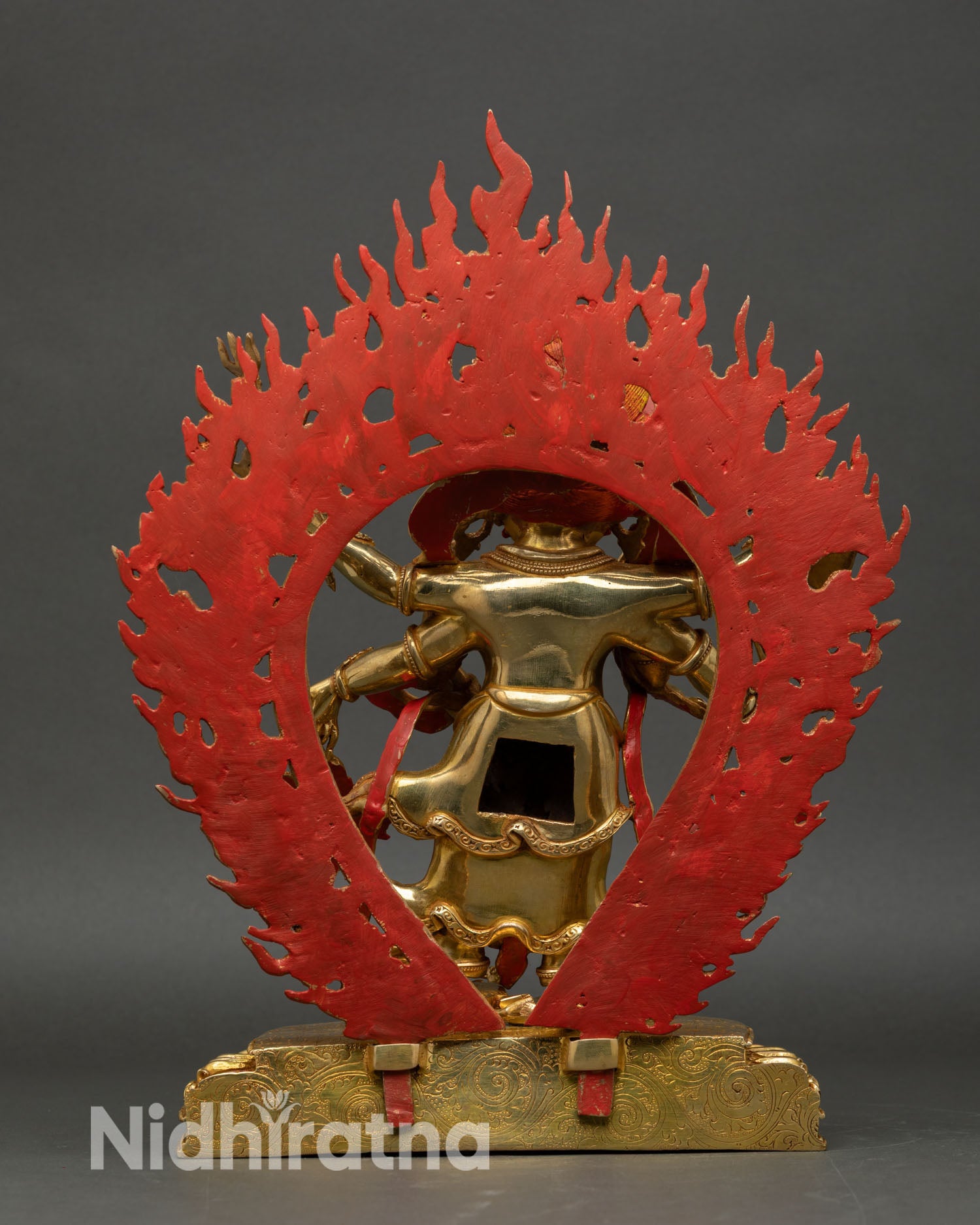 White Mahakala statue back view, halo lotus pedestal spiritual decor Nepal craftsmanship