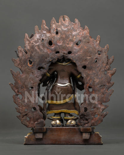 White Mahakala statue back view, oxidized copper Himalayan Buddhist deity Nepal