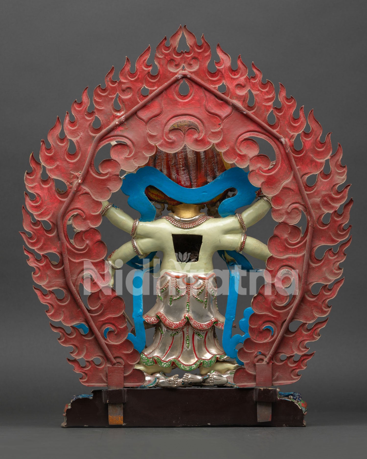 White Mahakala Statue back view – silver-plated halo, Nepalese lost-wax craftsmanship