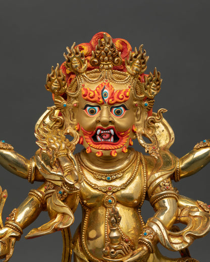White Mahakala statue close up fierce gold painted face third eye crown, sacred protecter Nepal