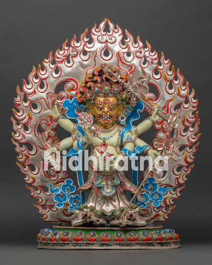 White Mahakala Statue Nepal – six-armed wealth guardian, silver halo, gold face, lotus base