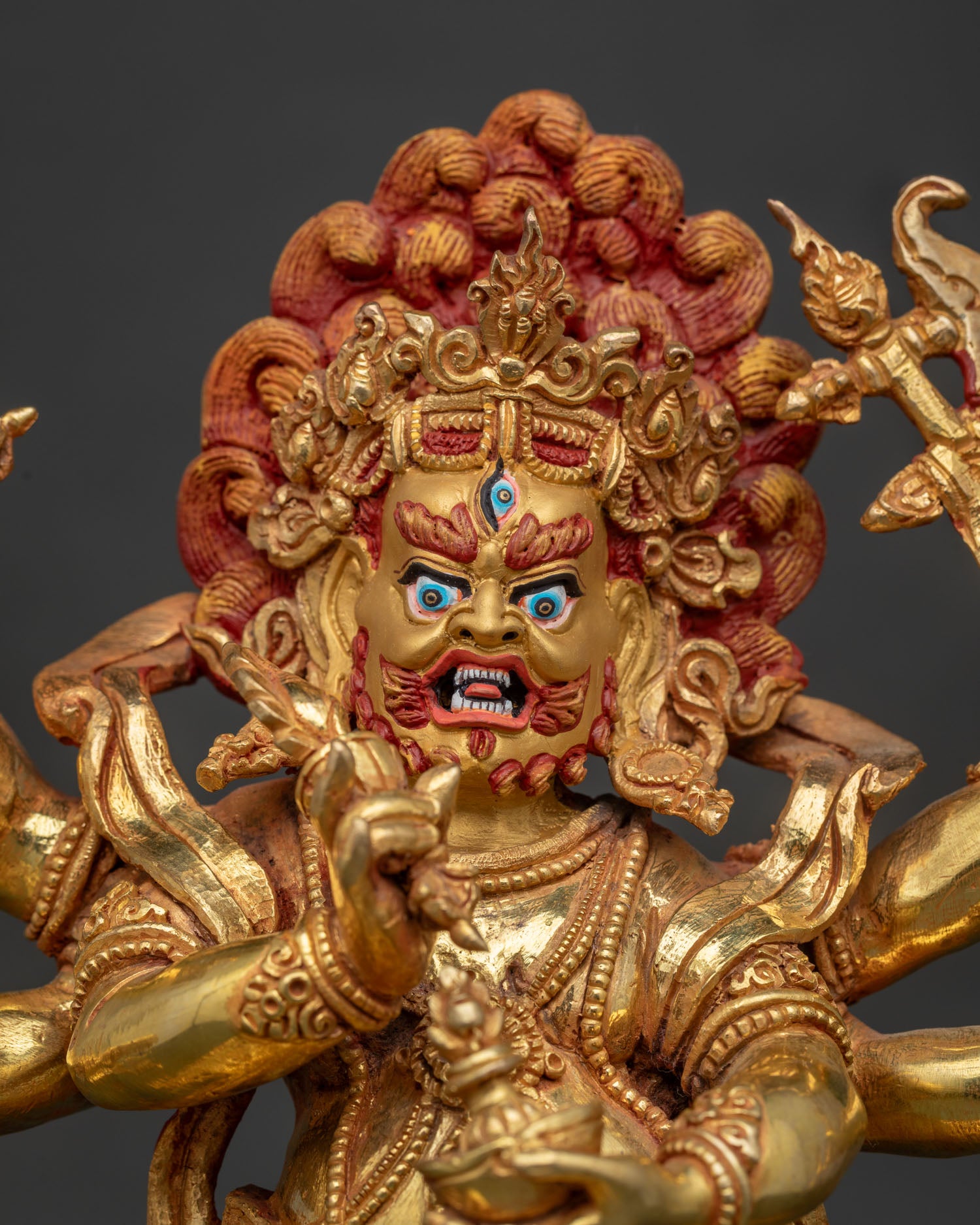 White Mahakala Statue regular close up, handcrafted Nepalese Buddhist art