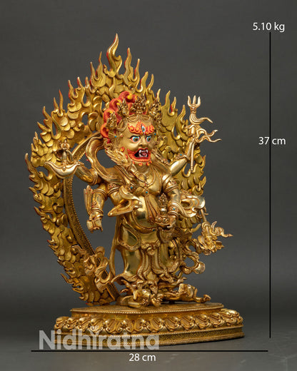 White Mahakala statue side view six arms, ritual implements, lost wax casting Himalayan art