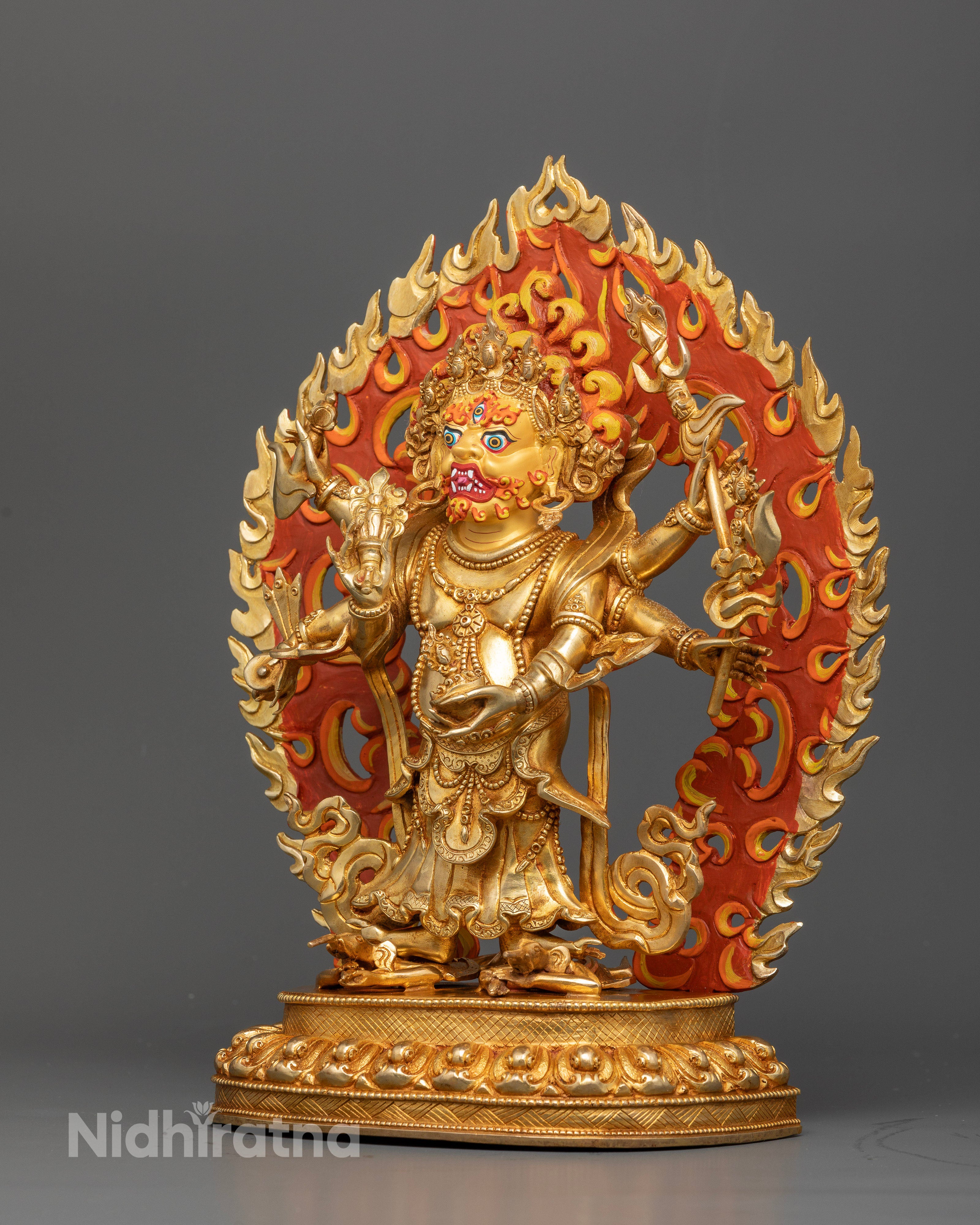 White Mahakala Statue Standing on Two Subdued Figures atop a Lotus Seat.