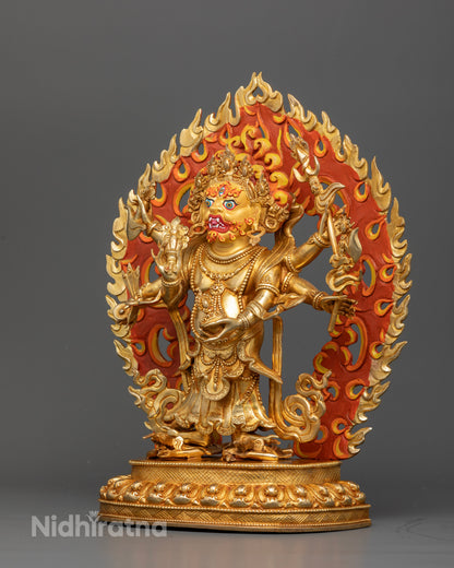 White Mahakala Statue Standing on Two Subdued Figures atop a Lotus Seat.