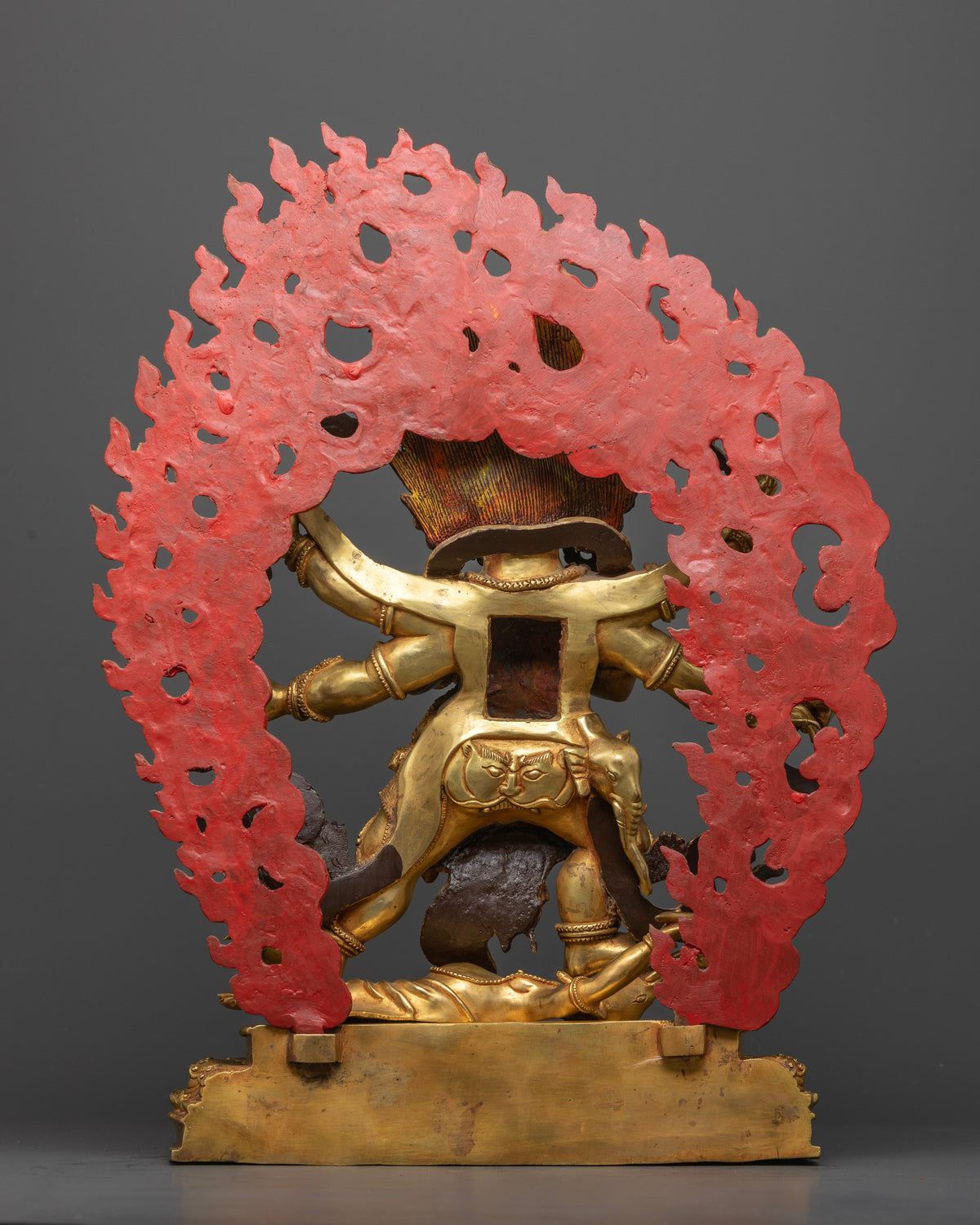 White Six Armed Mahakala Statue in gold gilded copper depicting the Buddhist Dharma protector