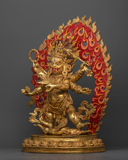 White Six Armed Mahakala Statue showing skull rosary damaru lasso trident skull cup and kartika knife.