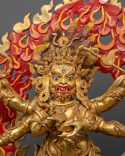 White Six Armed Mahakala Statue with intricately carved tiger skin garments and lotus pedestal.