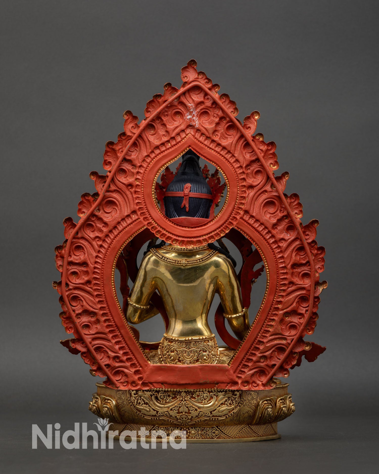 White Tara back view decorated halo semi precious stones handmade Nepal statue gold gilded copper sacred meditation altar art