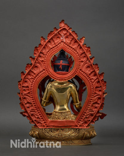 White Tara back view decorated halo semi precious stones handmade Nepal statue gold gilded copper sacred meditation altar art