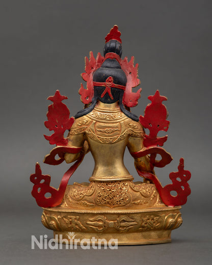 White Tara back view handcrafted statue gold detailing lotus base Himalayan Buddhist art protection health blessing statue