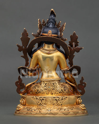 White Tara back view lotus base sacred chamber copper gold Nepal sculpture