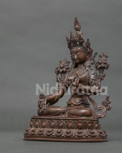 White Tara Buddhist Deity Chemically Oxidized Copper Hand Carved Double Lotus Pedestal.