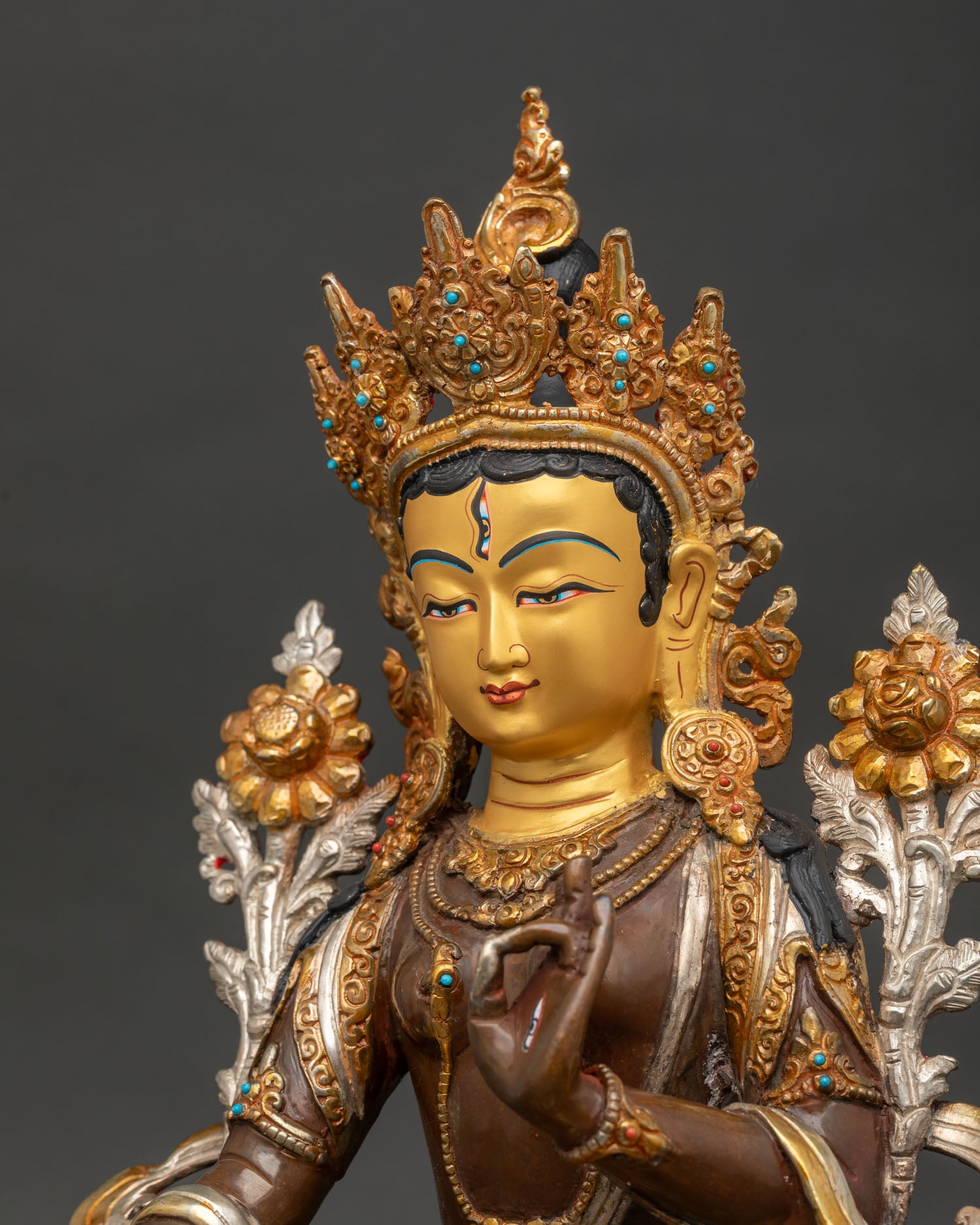 White Tara Buddhist Sculpture Oxidized Copper Detailed Side Close Up
