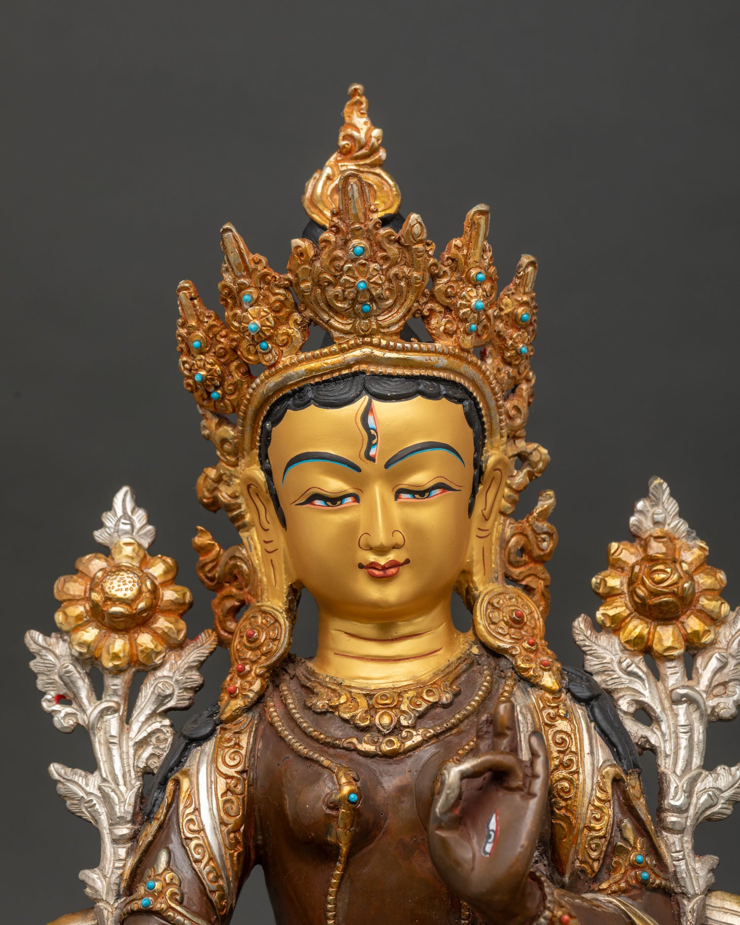 White Tara Buddhist Statue Gold Gilded Oxidized Copper Regular Close Up