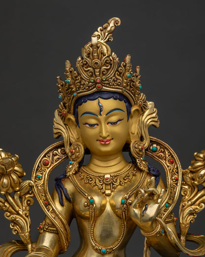 White Tara Buddhist Statue with gold painted face and semi precious stones