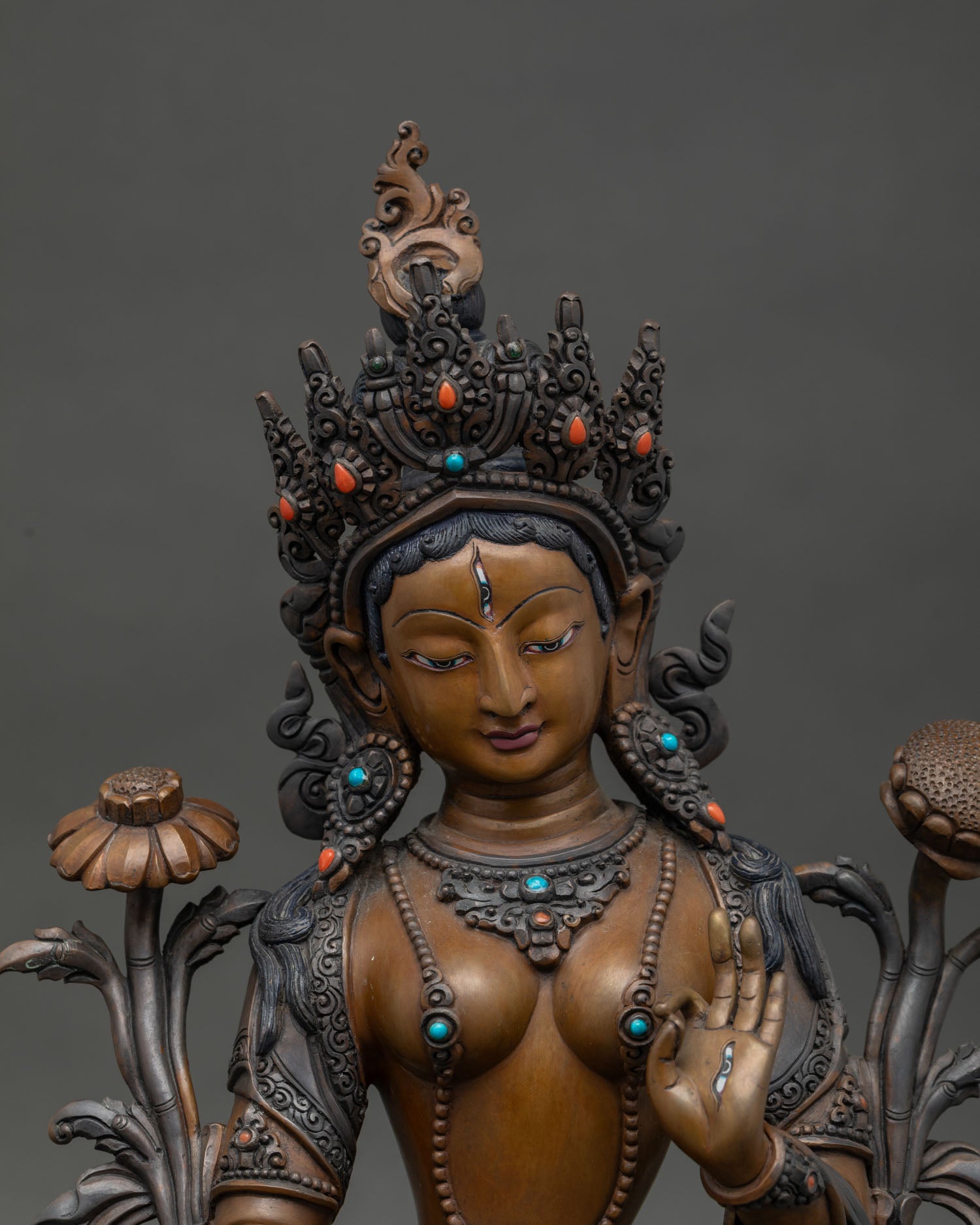White Tara Buddhist Statue with semi-precious stone five-jewel crown.