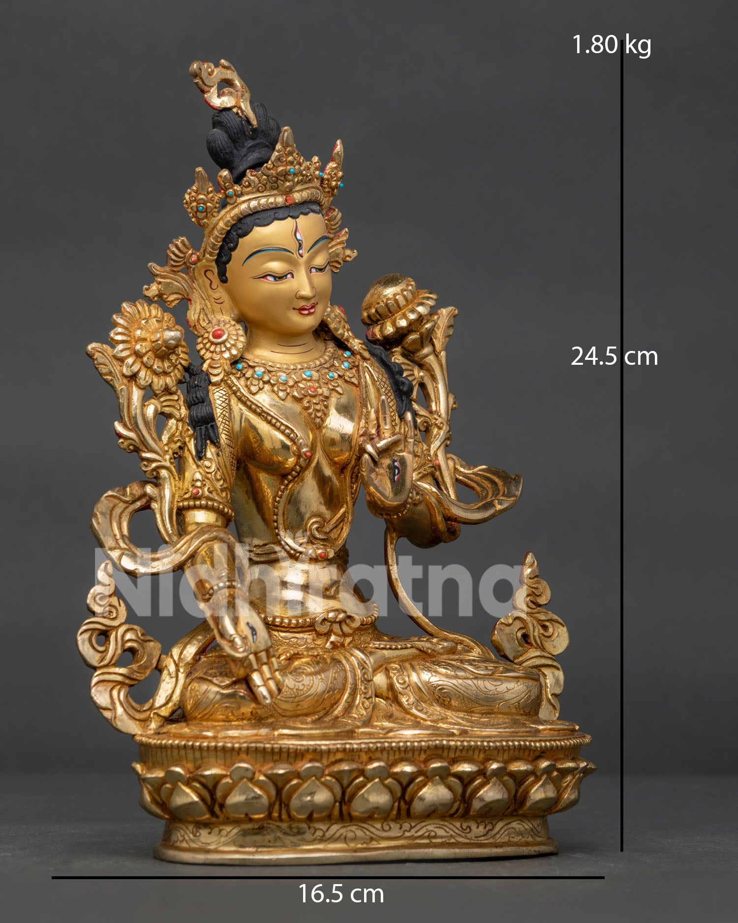 White Tara Copper Statue, Adorned with Semi-Precious Stones 