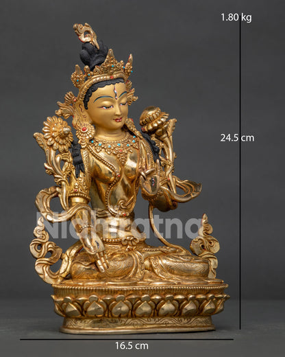 White Tara Copper Statue, Adorned with Semi-Precious Stones 