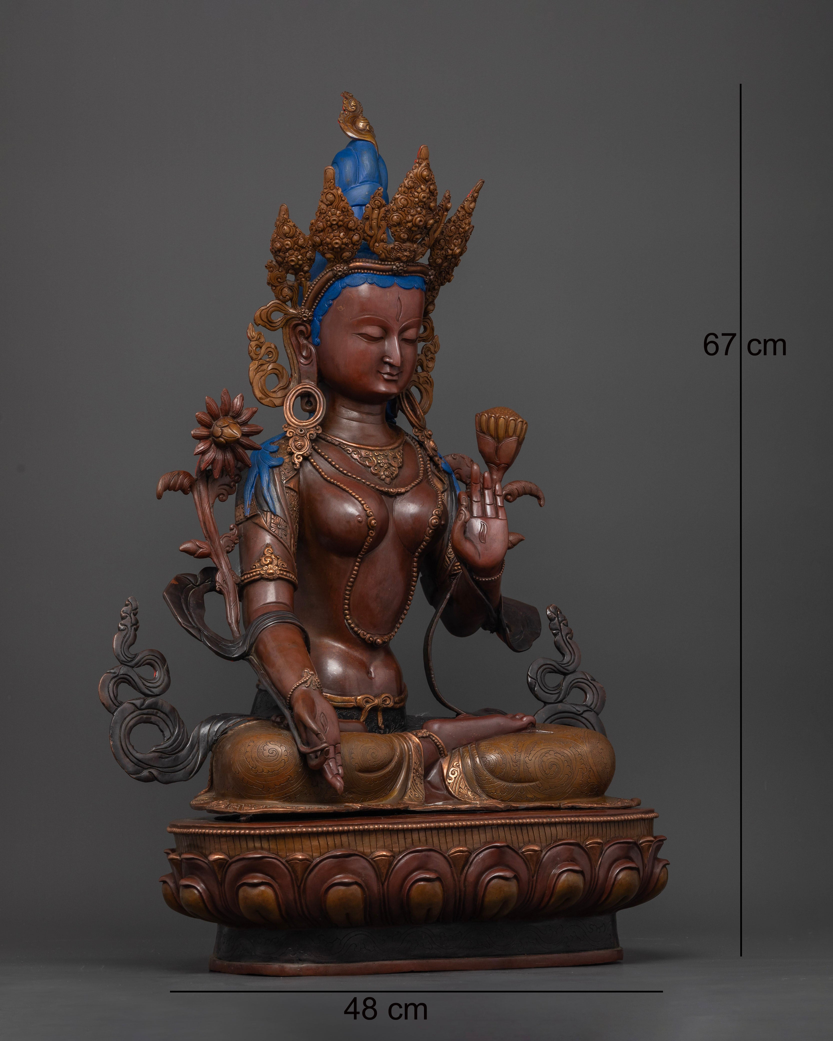 White Tara Goddess Statue with Seven Eyes and Lotus Pedestal Details