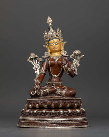 White Tara oxidized copper statue front view for Zen home décor and Buddhist altar
