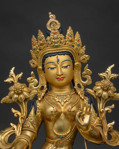 White Tara Sculpture with gold gilding and hand set semi precious stones