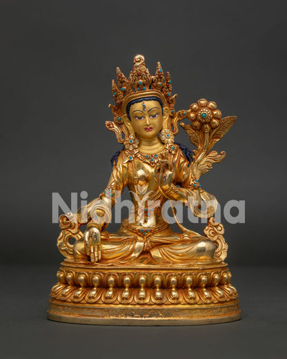 White Tara Statue 24K Gold Fire Gilded Copper Double Lotus Pedestal Front View.