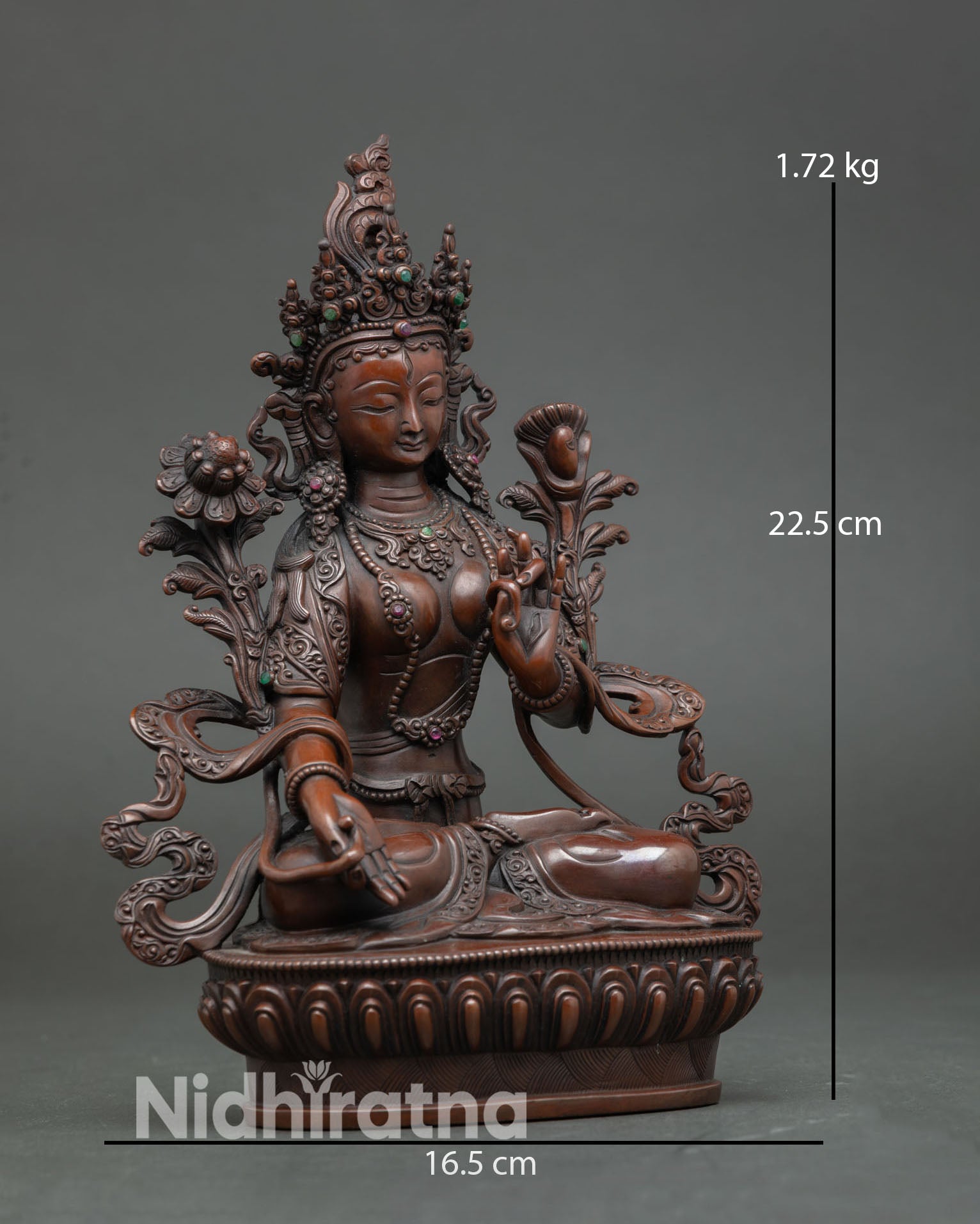White Tara statue adorned semi precious stones crown and jewelry detail newari handcrafted buddhist art
