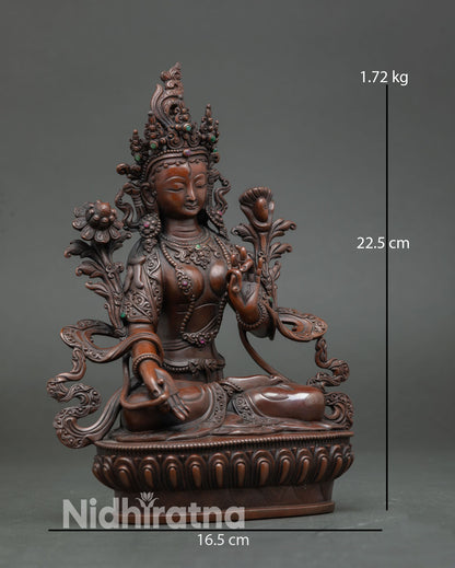 White Tara statue adorned semi precious stones crown and jewelry detail newari handcrafted buddhist art