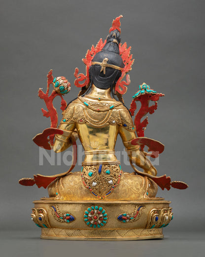 White Tara statue back view detailed carving oxidized copper finish sacred Nepal handmade spiritual altar statue for meditation and devotion space