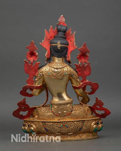 white tara statue back view, detailed lotus throne and gold fire-gilded copper craftsmanship