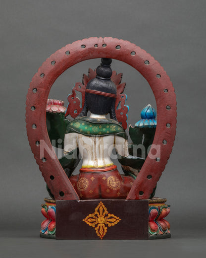 White Tara Statue Back View, Hand-Painted Wooden Buddhist Sculpture