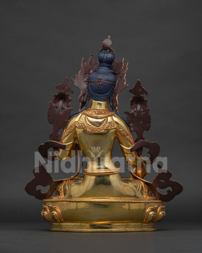 White Tara Statue back view, handmade copper Buddhist sculpture detail