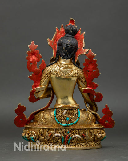White Tara statue back view Himalayan Buddhist sacred art handcrafted from Nepal Nidhiratna gold gilded ritual altar decor