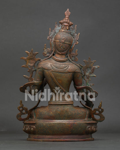 White Tara Statue Back View Oxidized Copper Himalayan Artwork.