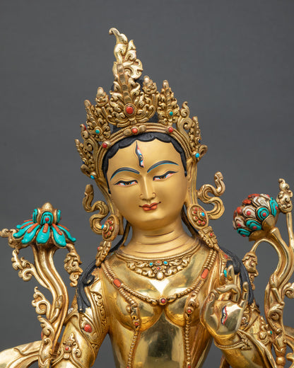 White Tara statue side view intricate copper craftsmanship gold plated accents traditional Tibetan Buddhist art longevity healing symbolism statue