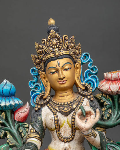 White Tara Statue Close Up View, Goddess of Longevity Wood Sculpture