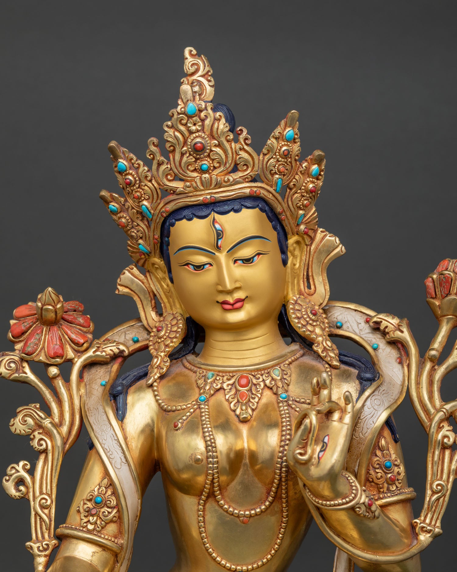 White Tara Statue Close Up Showing Lotus Throne, Gold Gilding and Intricate Newari Craftsmanship