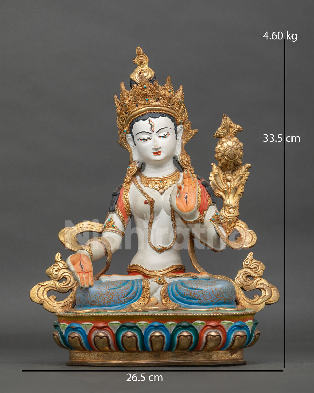 White Tara statue made from copper with acrylic painting gold gilded details and semi precious stones.