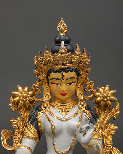 White Tara statue copper gold gilded 24K gold painted face.