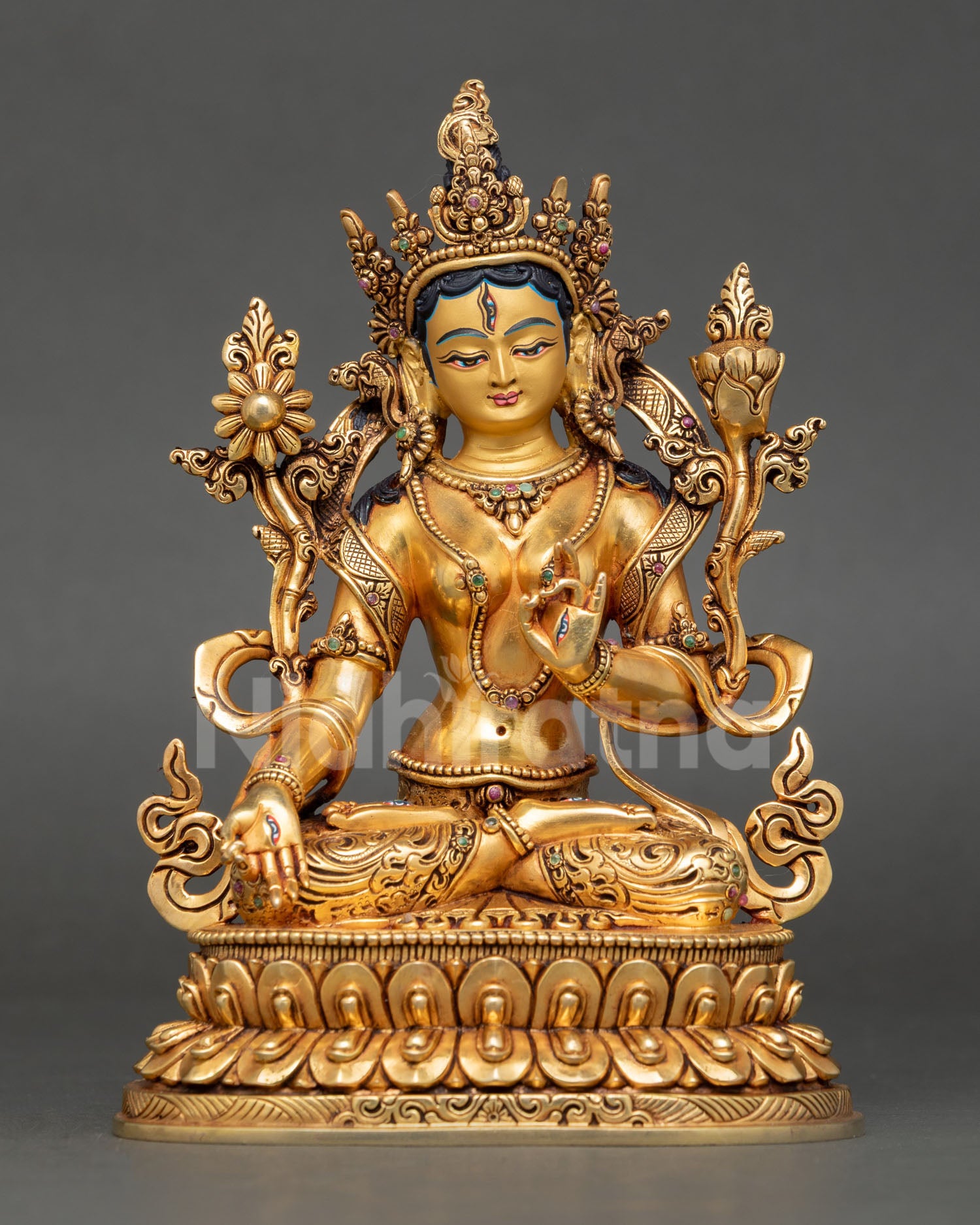 White Tara statue copper gold gilded Nepal Buddhist lotus throne sculpture handmade