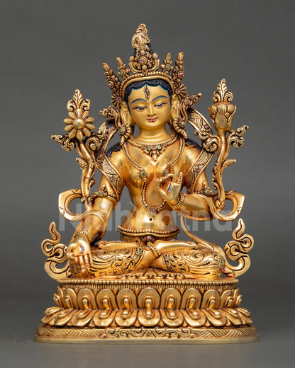 White Tara statue copper gold gilded Nepal Buddhist lotus throne sculpture handmade
