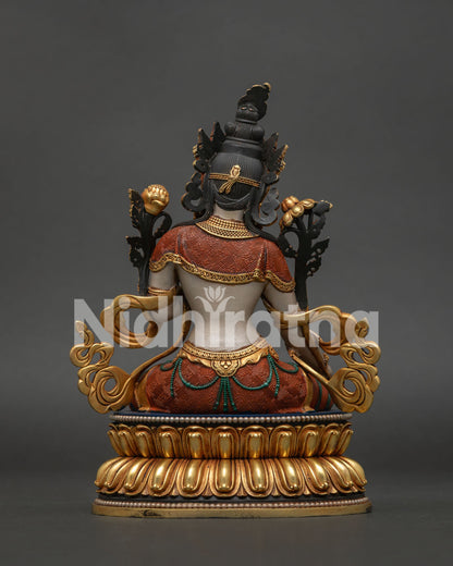 White Tara Statue detailed back view showing ornate robes, handcrafted details and fine copper and gold finishing