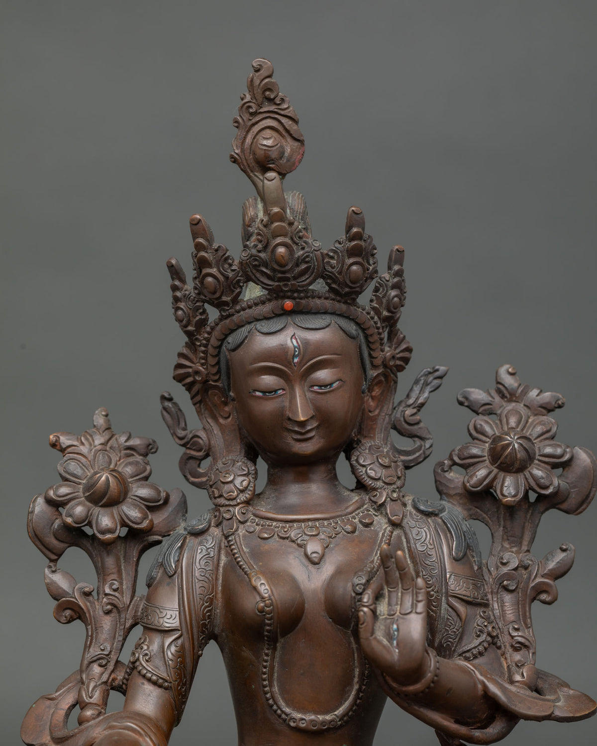 White Tara Statue Five Jewel Crown Layered Necklaces Silk Garment Newari Art.