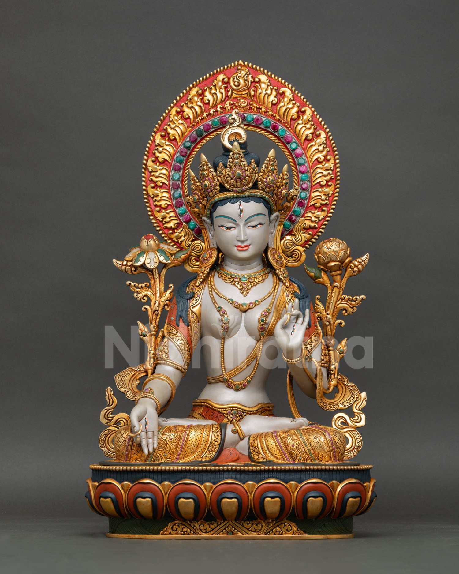 white tara statue from nepal, hand painted copper buddhist meditation sculpture