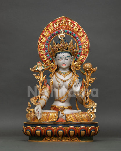 white tara statue from nepal, hand painted copper buddhist meditation sculpture